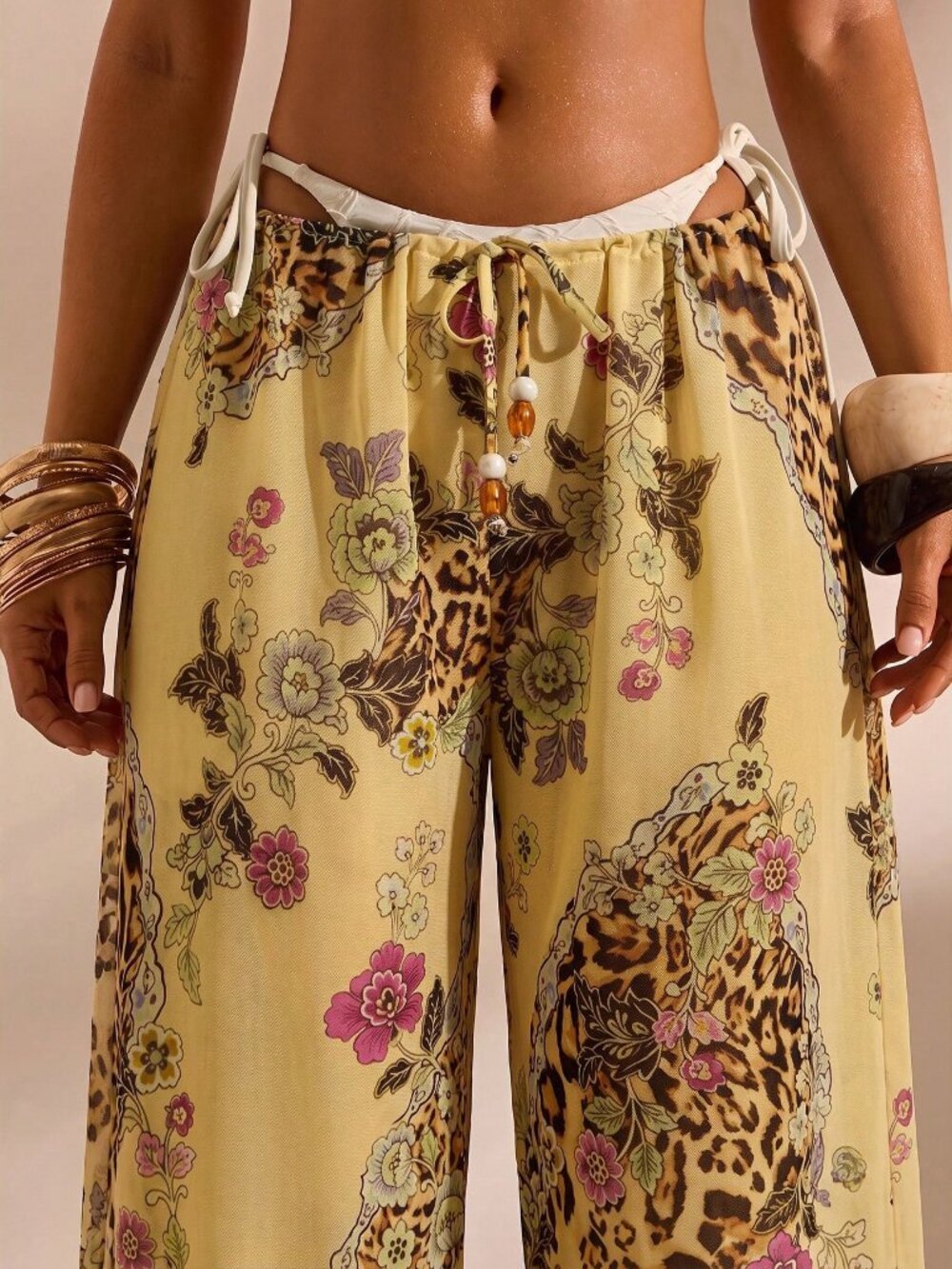 Multicolor Women's Floral Print Casual Vacation Cover-Up sheer Pants - Picture 2 of 8